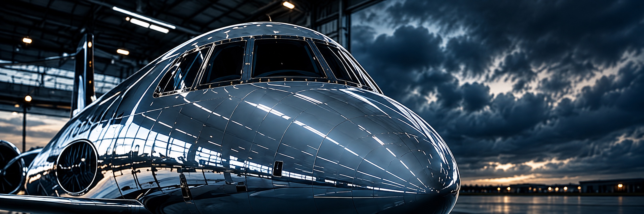 Polished aircraft beneath dramatic clouds