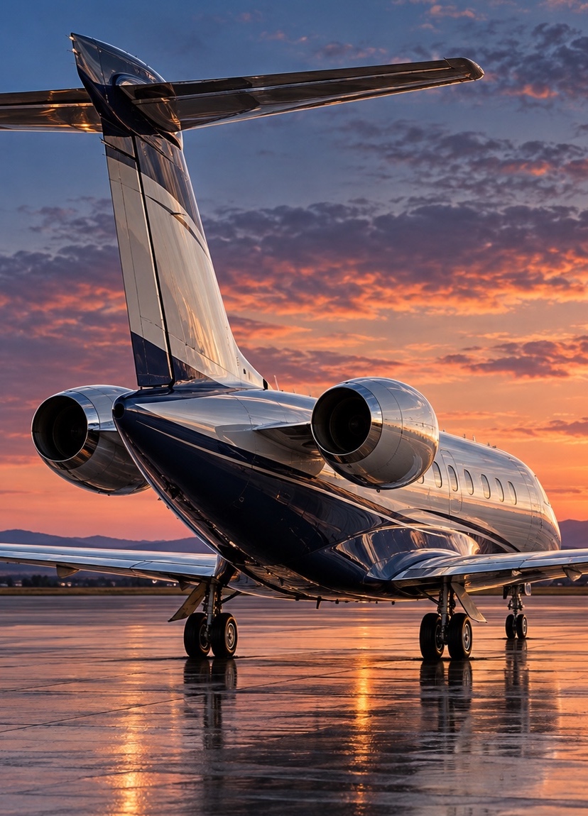 Polished private jet on a reflective airport apron at sunset