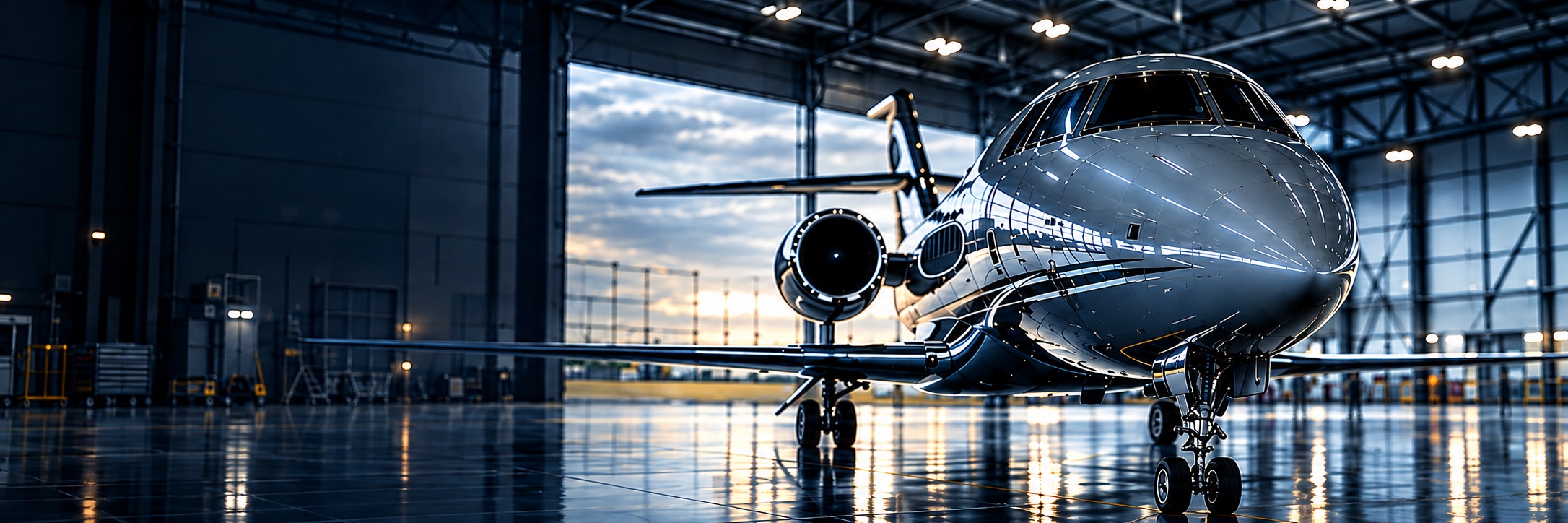 Polished private aircraft in a hangar