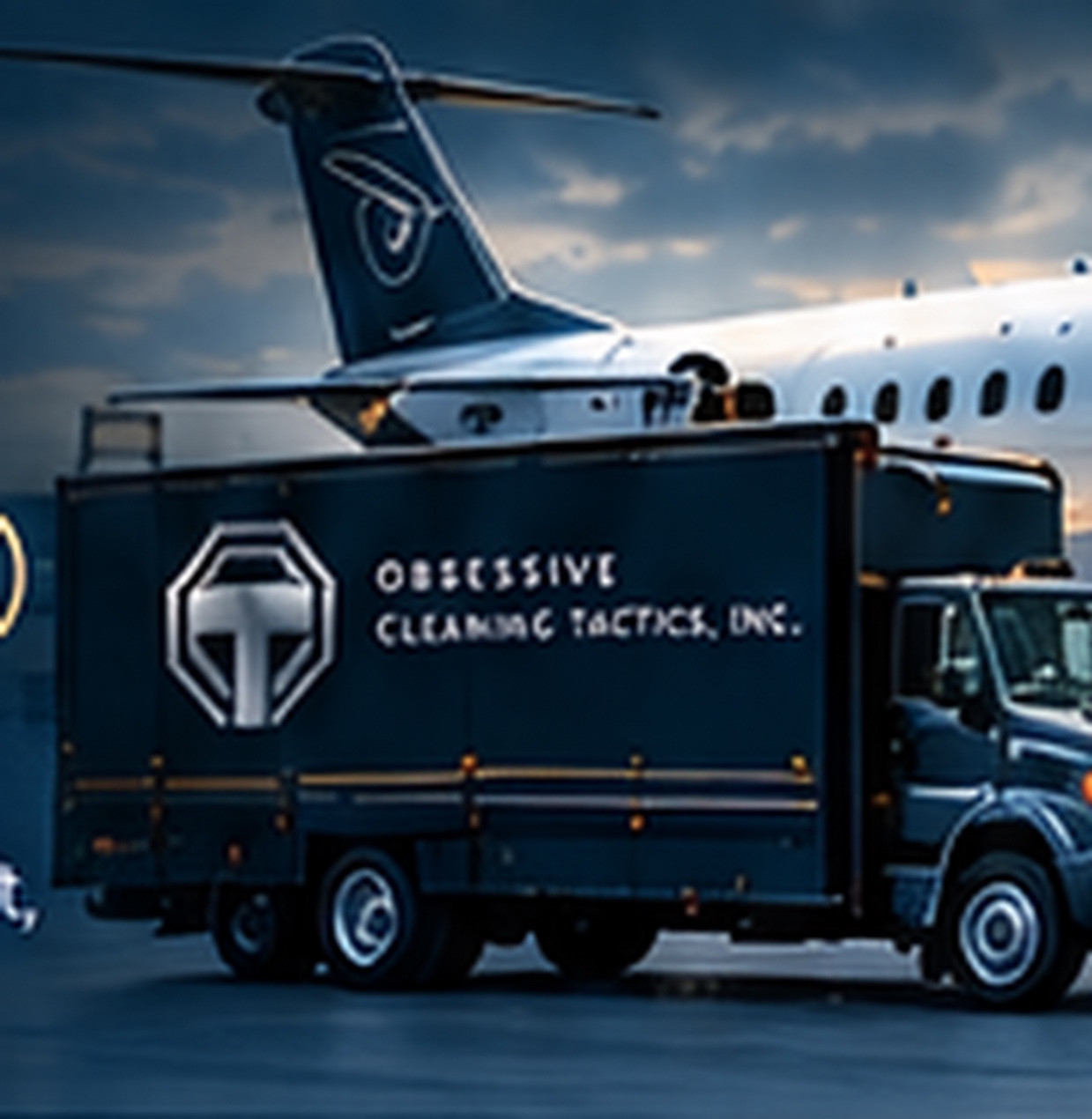 Mobile detailing truck beside an aircraft
